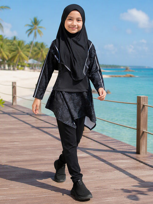Zaynab 2026 New Trend Muslim Girls Swimwear Ruffle Layer Skirt 3PCS  UV Kids Pool Beach Burkini ZCB036