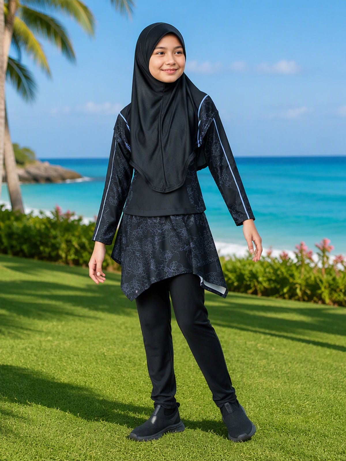 Zaynab 2026 New Trend Muslim Girls Swimwear Ruffle Layer Skirt 3PCS  UV Kids Pool Beach Burkini ZCB036